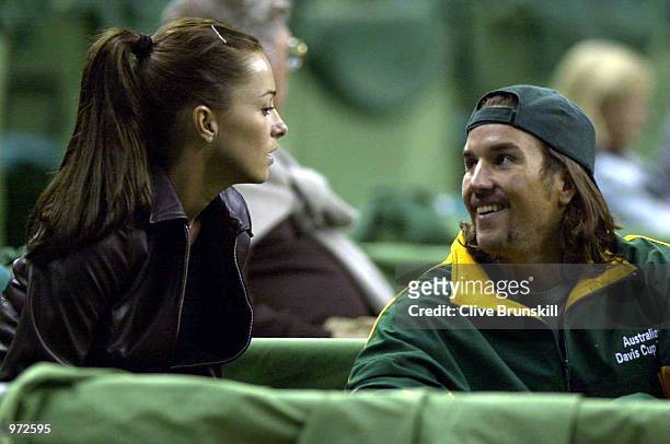Australia's Pat Rafter with his girlfriend Lara Feltham before his training session to prepare for The Davis Cup Final between Spain and Australia at...
