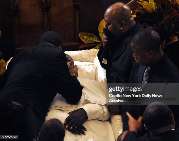 Family at funeral for Reverend Timothy Wright at Pilgrim Church 1338 Broadway where they "celebrated the life of The Godfather of Gospel music". On...