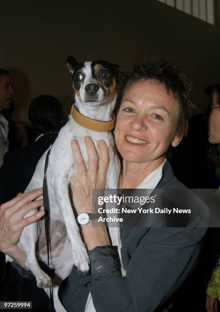 Laurie Anderson shows off her rat terrier Lola at the Gagosian Gallery on W. 24th St. Where Canine Cocktail 2003 was being held to benefit Art for...