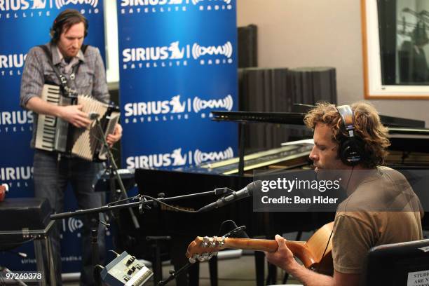 Musicians Zach Gill and Jack Johnson perform on SIRIUS XM Studio on March 1, 2010 in New York City.