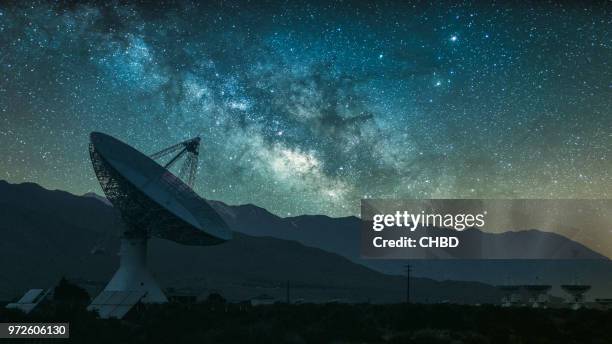 radio telescope against rising milky way - astronomical telescope stock pictures, royalty-free photos & images