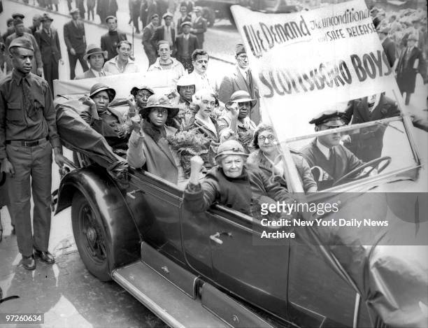 Scottsboro Case -In this car rode five mothers of the Scottsboro Boys. In rear are Mrs. Montgomery, Mrs. Williams, Mrs. Patterson. Center: Mrs....
