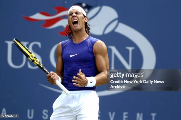 Second-seeded Rafael Nadal of Spain reacts in frustration during his third-round match against fourth-seeded James Blake of the United States during...