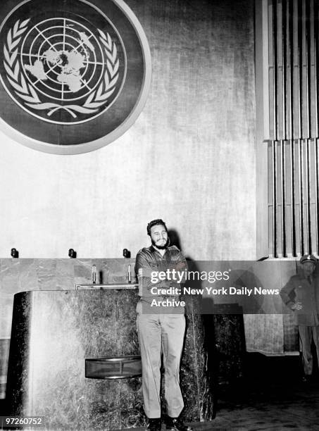Fidel Castro standing in front of the podium at the United Nations.