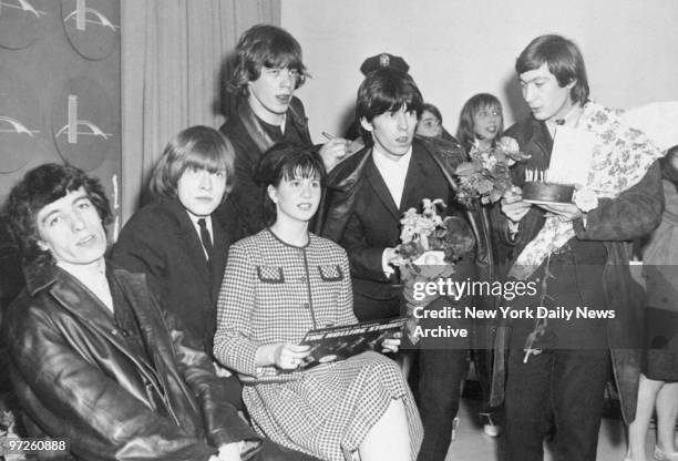 Rolling Stone fan Christine Berlin joins the Stones Bill Wyman, Brian Wilson, Mick Jagger, Keith Richards, and Charlie Watts on their arrival at...