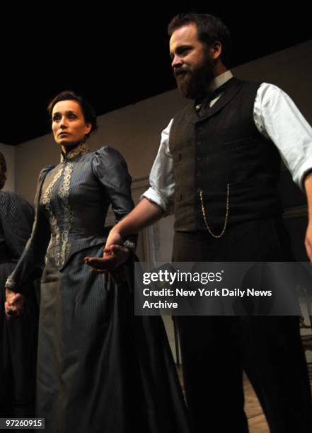 Kristin Scott Thomas ,Peter Sarsgaard take bows after performing at the Opening Night of "The Seagull" held in the Walter Kerr Theatre