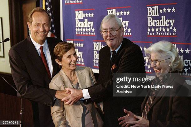 Bill Bradley gets a handshake -- and an endorsement in his presidential campaign -- from Sen. Daniel Patrick Moynihan. Looking oin at the 92 Street...
