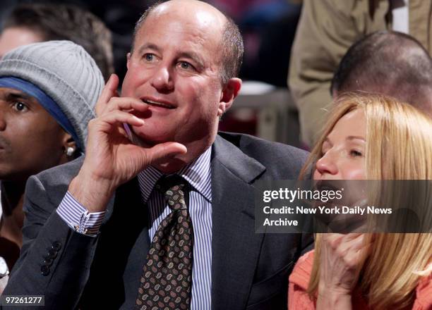 Ron Perelman and actress Ellen Barkin seem to be enjoying the action as the New York Knicks beat the Dallas Mavericks, 107-82, at Madison Square...