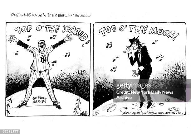 Bill Gallo Cartoon , reads: One Walks on Air, The Other, On the Moon, depicts Yankees during subway series and Michael Jackson doing moonwalk.