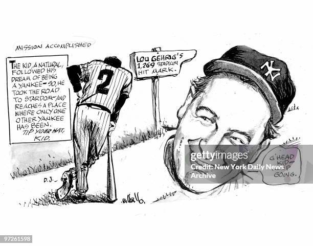 Bill Gallo cartoon about Derek Jeter breaking the Lou Gehrig hit record for September 17, 2008.