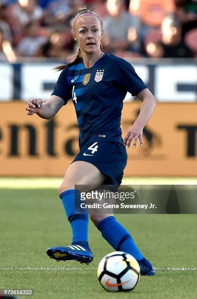 Becky Sauerbrunn of the United States passes the ball in an international friendly soccer match against China at Rio Tinto Stadium on June 7, 2018 in...