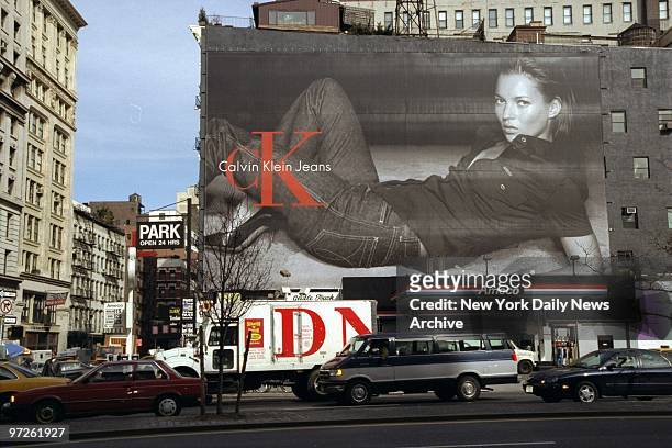 Billboard at Houston St.and Broadway pictures Kate Moss modeling Calvin Klein jeans.