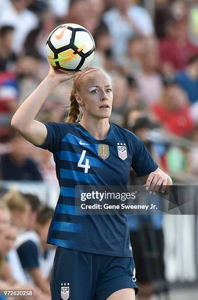 Becky Sauerbrunn of the United States looks to throw in the ball in an international friendly soccer match against China at Rio Tinto Stadium on June...