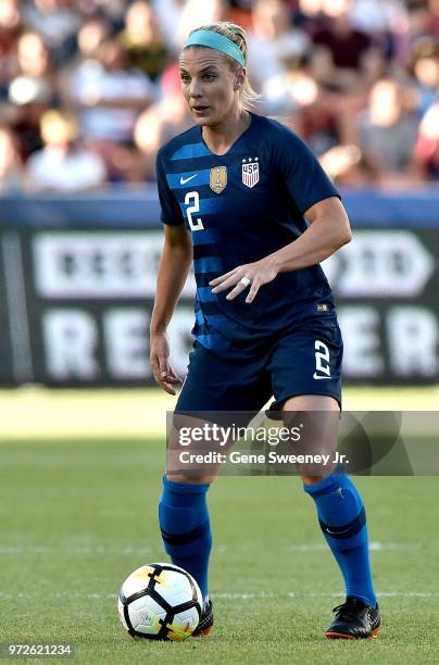 Julie Ertz of the United States controls the ball in an international friendly soccer match against China at Rio Tinto Stadium on June 7, 2018 in...