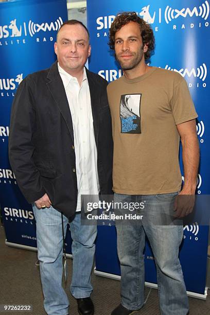 Radio DJ Lou Brutus and Musician Jack Johnson visit SIRIUS XM Studio on March 1, 2010 in New York City.