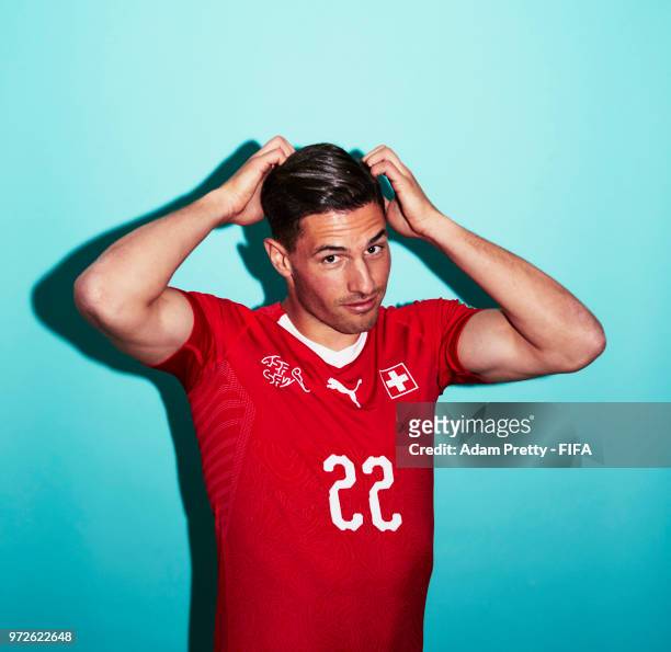 Fabian Schaer of Switzerland poses for a portrait during the official FIFA World Cup 2018 portrait session at the Lada Resort on June 12, 2018 in...