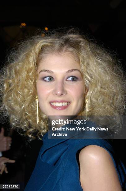 Rosamund Pike attends a party at the Central Park Boathouse following the premiere of the movie "Pride and Prejudice." She stars in the film.