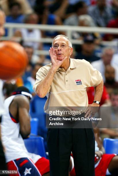 Larry Brown, head coach of the U.S. Men's basketball team, yells from the sidelines during the bronze medal match in the Olympic Indoor Hall at the...