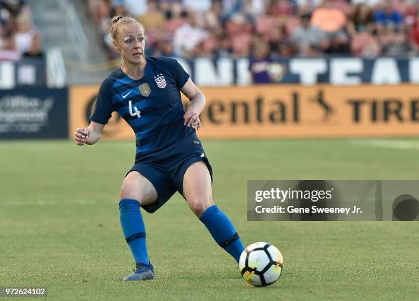 Becky Sauerbrunn of the United States passes the ball in an international friendly soccer match against China at Rio Tinto Stadium on June 7, 2018 in...