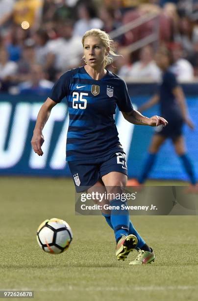 McCall Zerboni of the United States passes the ball in an international friendly soccer match against China at Rio Tinto Stadium on June 7, 2018 in...