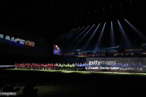Players of France 98 and FIFA 98 pose during the Friendly match between France 98 and FIFA 98 at U Arena on June 12, 2018 in Nanterre near Paris,...