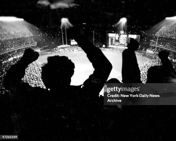 Bird's-eye view of the remarkable doings at Shea Stadium during Game 7 of the World Series between the Boston Red Sox and New York Mets.