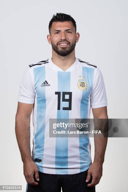 Sergio Aguero of Argentina poses for a portrait during the official FIFA World Cup 2018 portrait session on June 12, 2018 in Moscow, Russia.