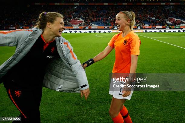 Lize Kop of Holland Women, Jackie Groenen of Holland Women celebrates the victory during the World Cup Qualifier Women match between Holland v...