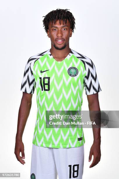 Alex Iwobi of Nigeria poses for a portrait during the official FIFA World Cup 2018 portrait session on June 12, 2018 in Yessentuki, Russia.