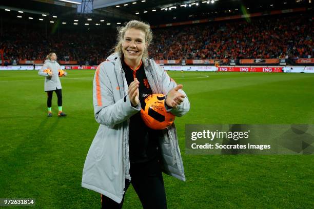 Lize Kop of Holland Women celebrates the victory during the World Cup Qualifier Women match between Holland v Slovakia at the Abe Lenstra Stadium on...