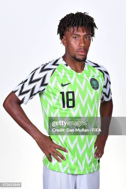 Alex Iwobi of Nigeria poses for a portrait during the official FIFA World Cup 2018 portrait session on June 12, 2018 in Yessentuki, Russia.