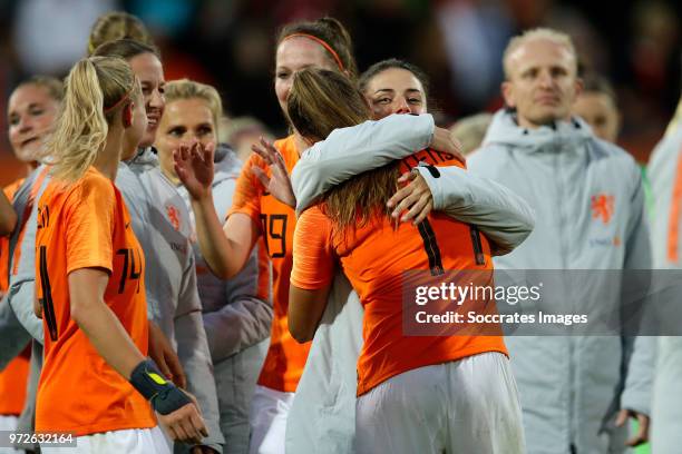 Lieke Martens of Holland Women, Danielle van de Donk of Holland Women celebrates the victory during the World Cup Qualifier Women match between...