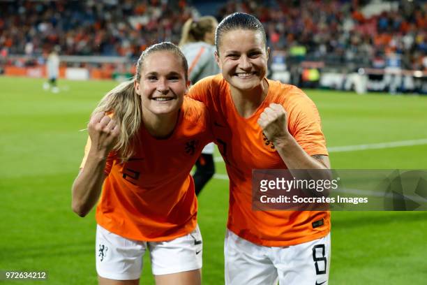 Desiree van Lunteren of Holland Women, Sherida Spitse of Holland Women celebrates the victory during the World Cup Qualifier Women match between...