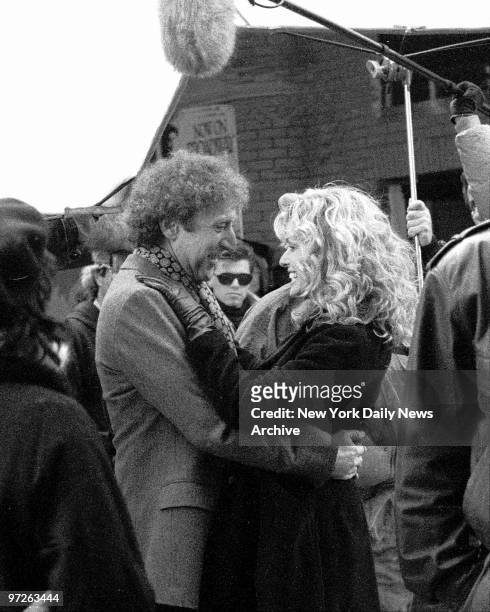 Farrah Fawcett and Gene Wilder during filming today of a movie being directed by Leonard Nimoy. Wilder is making his first appearance since the death...