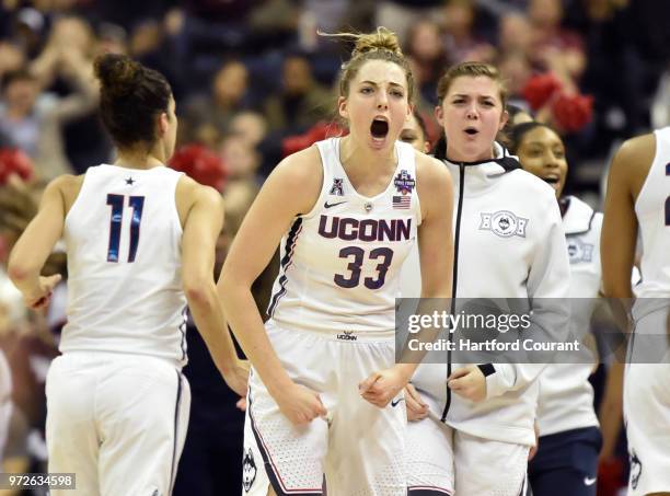 Connecticut's Katie Lou Samuelson reacts after a made basket against Notre Dame in an NCAA Tournament national semifinal at Nationwide Arena in...