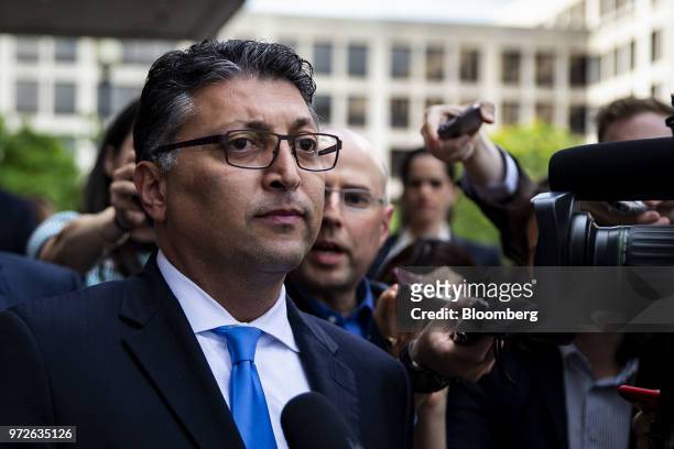 Makan Delrahim, U.S. Assistant attorney general for the antitrust division, speaks to members of the media outside of federal court in Washington,...