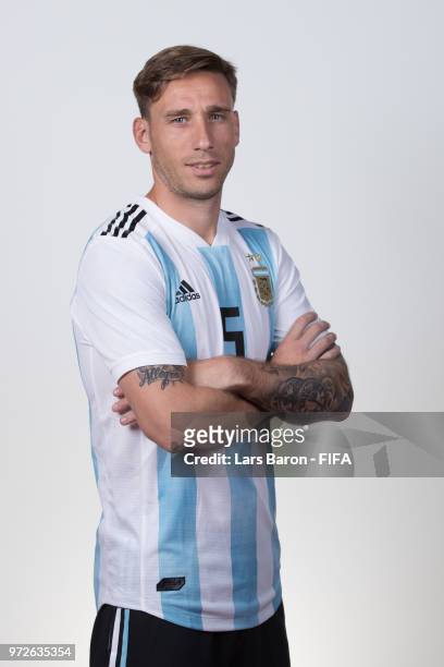 Lucas Biglia of Argentina poses for a portrait during the official FIFA World Cup 2018 portrait session on June 12, 2018 in Moscow, Russia.