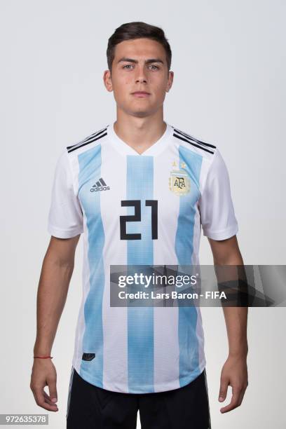 Paulo Dybala of Argentina poses for a portrait during the official FIFA World Cup 2018 portrait session on June 12, 2018 in Moscow, Russia.