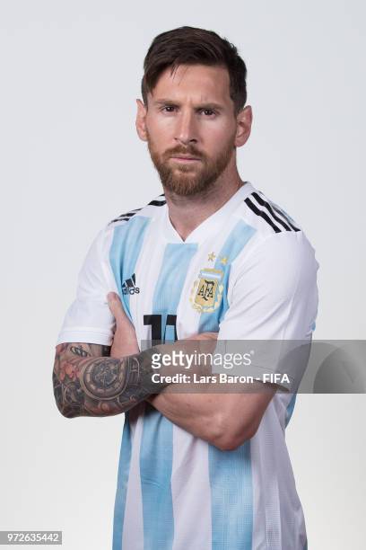 Lionel Messi of Argentina poses for a portrait during the official FIFA World Cup 2018 portrait session on June 12, 2018 in Moscow, Russia.