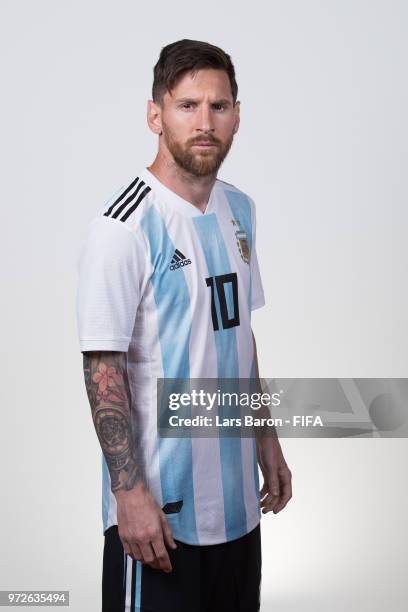 Lionel Messi of Argentina poses for a portrait during the official FIFA World Cup 2018 portrait session on June 12, 2018 in Moscow, Russia.