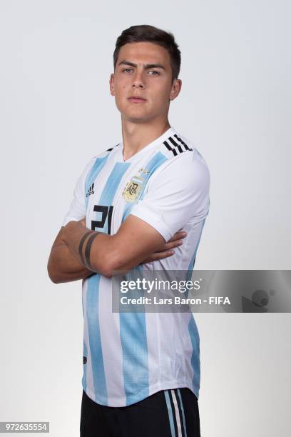 Paulo Dybala of Argentina poses for a portrait during the official FIFA World Cup 2018 portrait session on June 12, 2018 in Moscow, Russia.