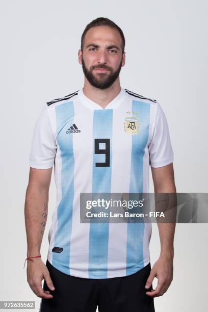 Gonzalo Higuain of Argentina poses for a portrait during the official FIFA World Cup 2018 portrait session on June 12, 2018 in Moscow, Russia.