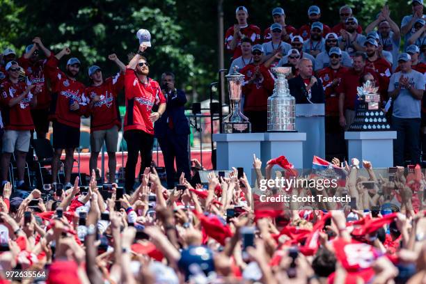 Braden Holtby of the Washington Capitals bows to fans during the Washington Capitals Victory Parade and Rally on June 12, 2018 in Washington, DC.