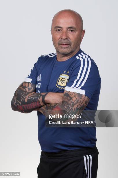 Head coach Jorge Sampaoli of Argentina poses for a portrait during the official FIFA World Cup 2018 portrait session on June 12, 2018 in Moscow,...