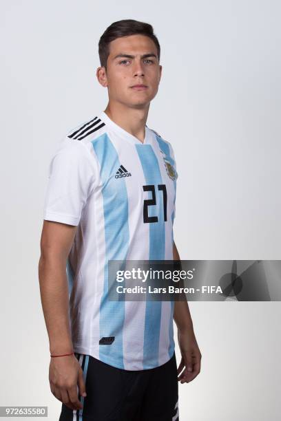 Paulo Dybala of Argentina poses for a portrait during the official FIFA World Cup 2018 portrait session on June 12, 2018 in Moscow, Russia.