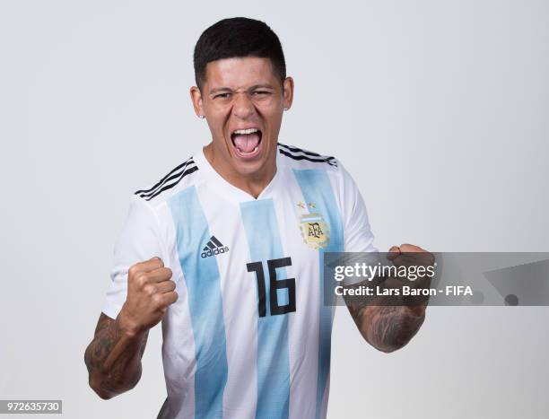 Marcos Rojo of Argentina poses for a portrait during the official FIFA World Cup 2018 portrait session on June 12, 2018 in Moscow, Russia.