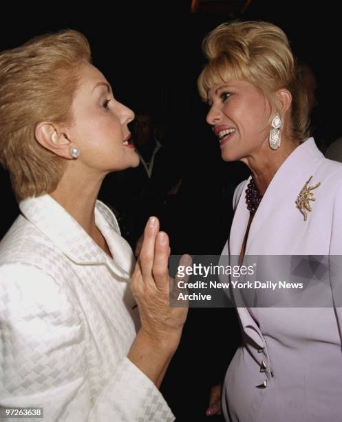 Fashion designer Carolina Herrera chats with Ivana Trump at a cocktail party at Mercer to launch Michael Roberts' children's book "The Jungle ABC.",