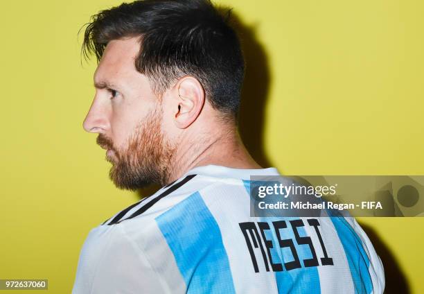 Lionel Messi of Argentina poses during the official FIFA World Cup 2018 portrait session at on June 12, 2018 in Moscow, Russia.