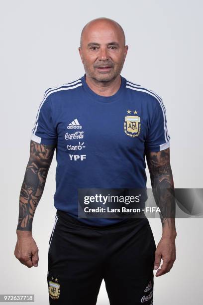 Head coach Jorge Sampaoli of Argentina poses for a portrait during the official FIFA World Cup 2018 portrait session on June 12, 2018 in Moscow,...