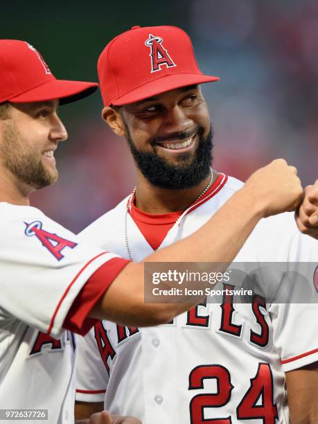 Los Angeles Angels of Anaheim right fielder Chris Young on the field during opening day player introductions before the start of a game against the...